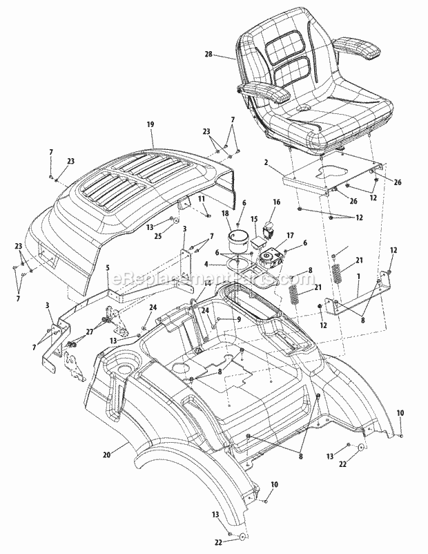 Engine Cover, Fender And Seat Diagram and Parts List for FMZ50 17AF4BFP010, 17AF4BFP210, 17AF4BFP009, 17AF4B Cub Cadet Lawn Mower